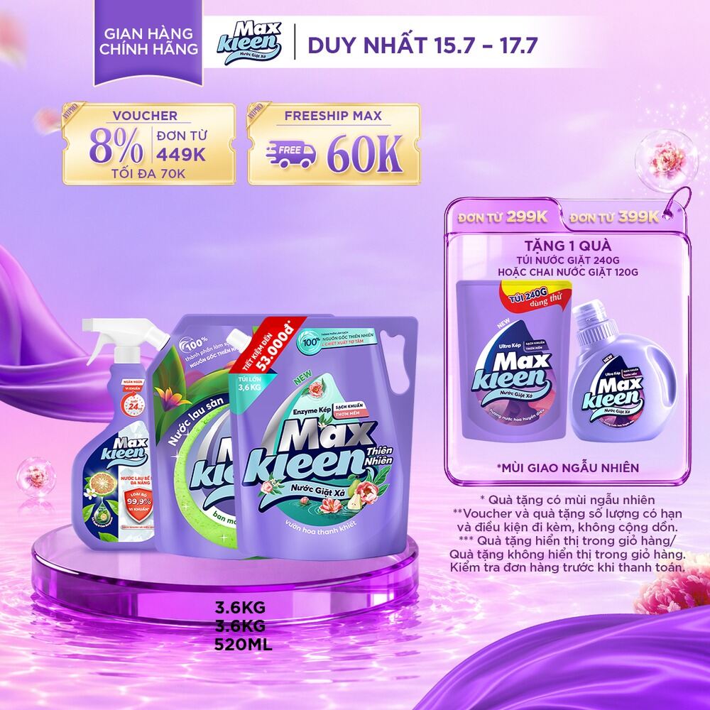 Combo Túi Nước Lau Sàn 3.6kg + Túi Nước Giặt Xả MaxKleen Thiên Nhiên 3.6kg + Chai nước lau bề mặt đa năng