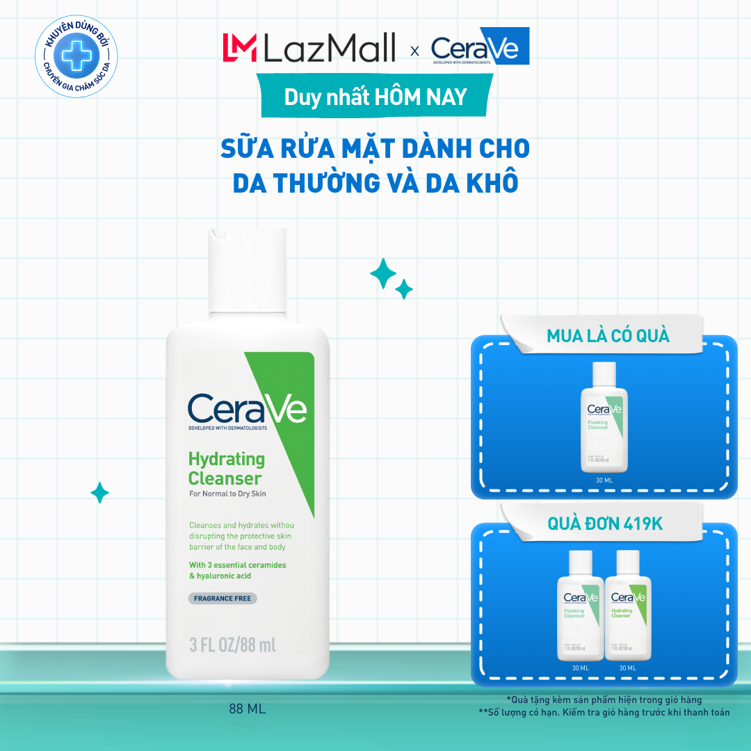 Sữa rửa mặt giúp làm sạch sâu dành cho da thường và da khô Cerave Hydrating Cleanser 88ML