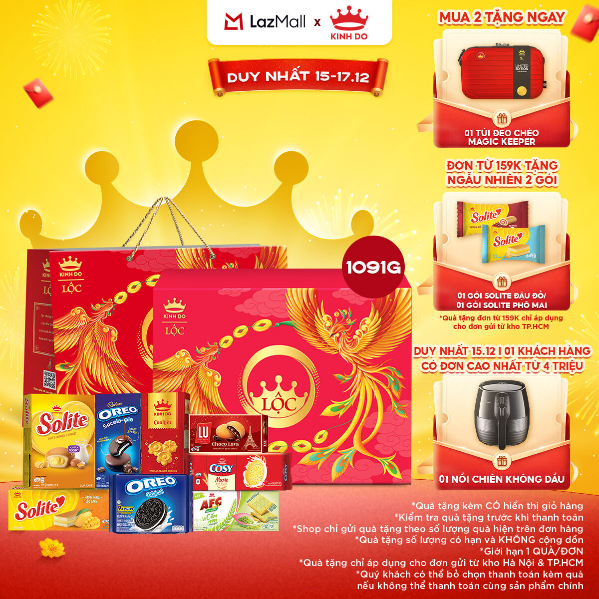   CÓ TÚI GIẤY  BỘ QUÀ BÁNH TẾT KINH ĐÔ LỘC THỊNH VƯỢNG - HỘP GIẤY 1,091G 