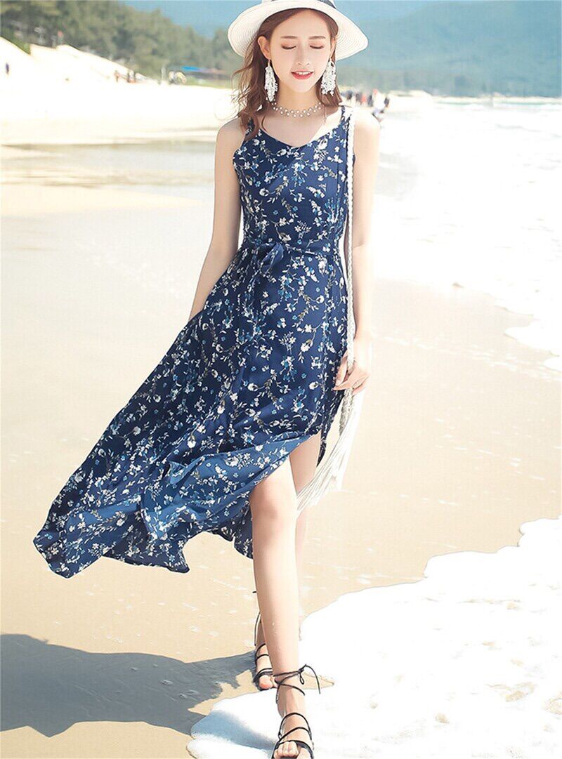 Maxi hai dây xanh xẻ tà