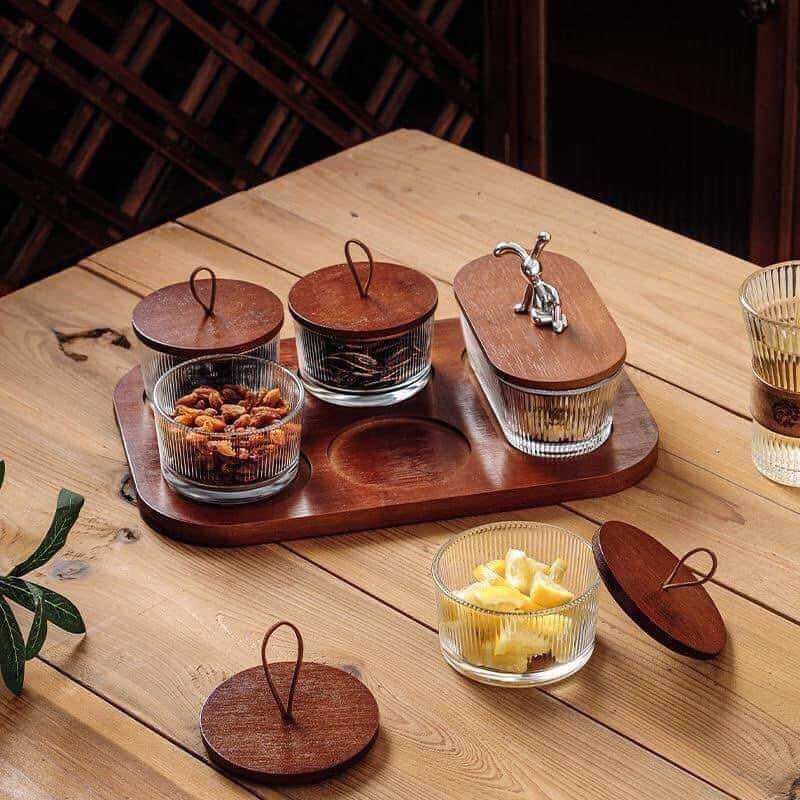 Set 5 món kèm khay thủy tinh đựng đồ mứt nắp gỗ