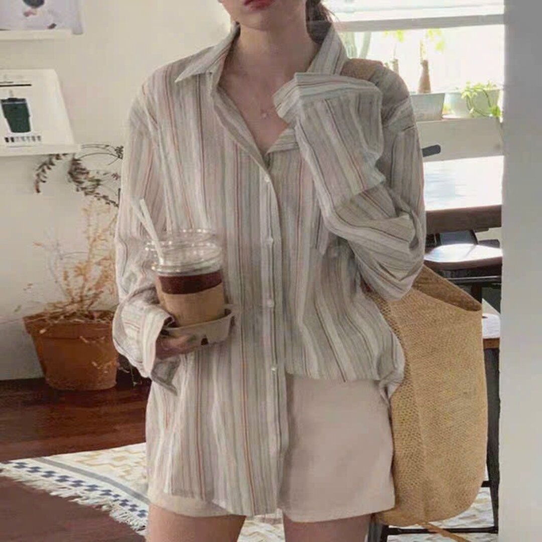 áo sơ mi oversize kẻ sọc chất thô đũi hàn quốc