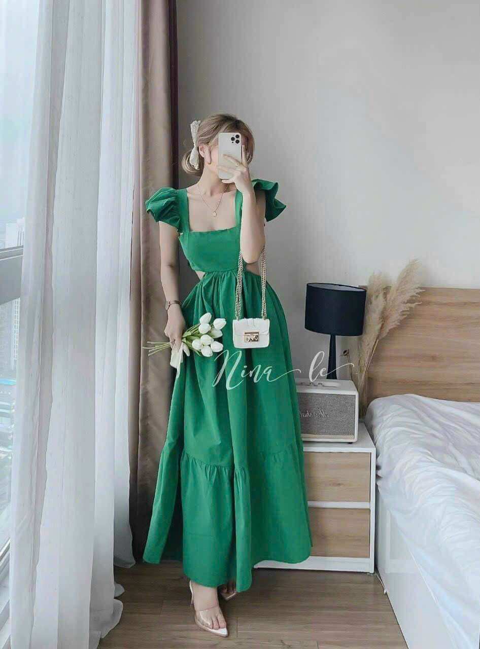 Đầm maxi khoét eo dây cột nơ lưng trẻ trung