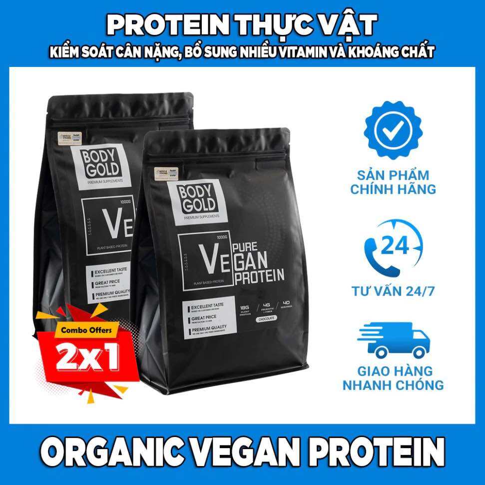 (Combo 2 túi + Bình lắc ) Sữa Tăng Cân Tăng Cơ - Protein Thực Vật Vegan Protein Body Gold túi 1kg