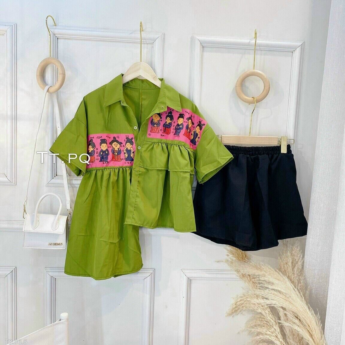 Set bộ đùi áo sơ mi lệch tà phối quần đùi lưng thun