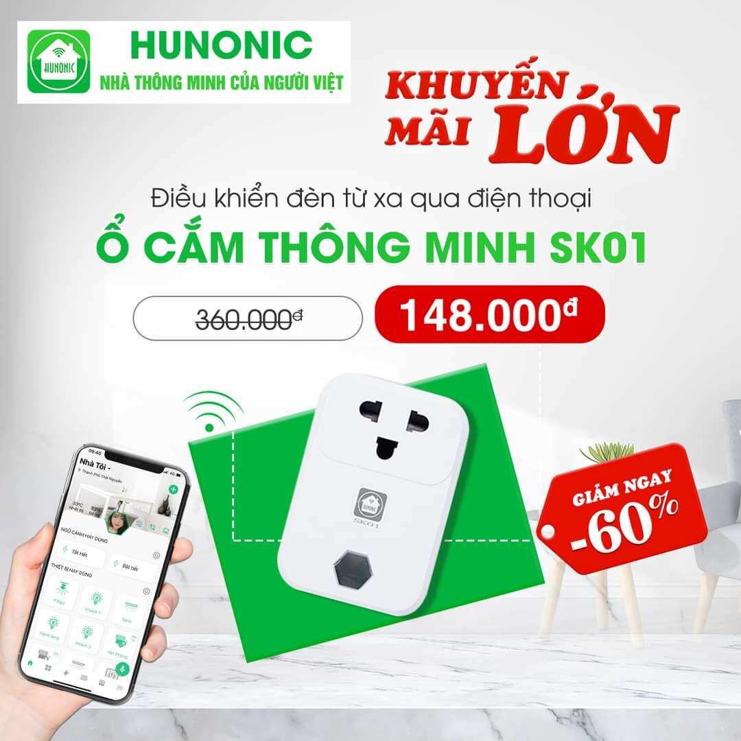 Ổ Cắm thông minh Hunonic SK 01, Ổ cắm thông minh di động,  sản phẩm tài trợ giá đến 31/12/2023. Nhanh tay sở hữu để có trải nghiệm tuyệt vời với sản phẩm nhà thông minh Hunonic.