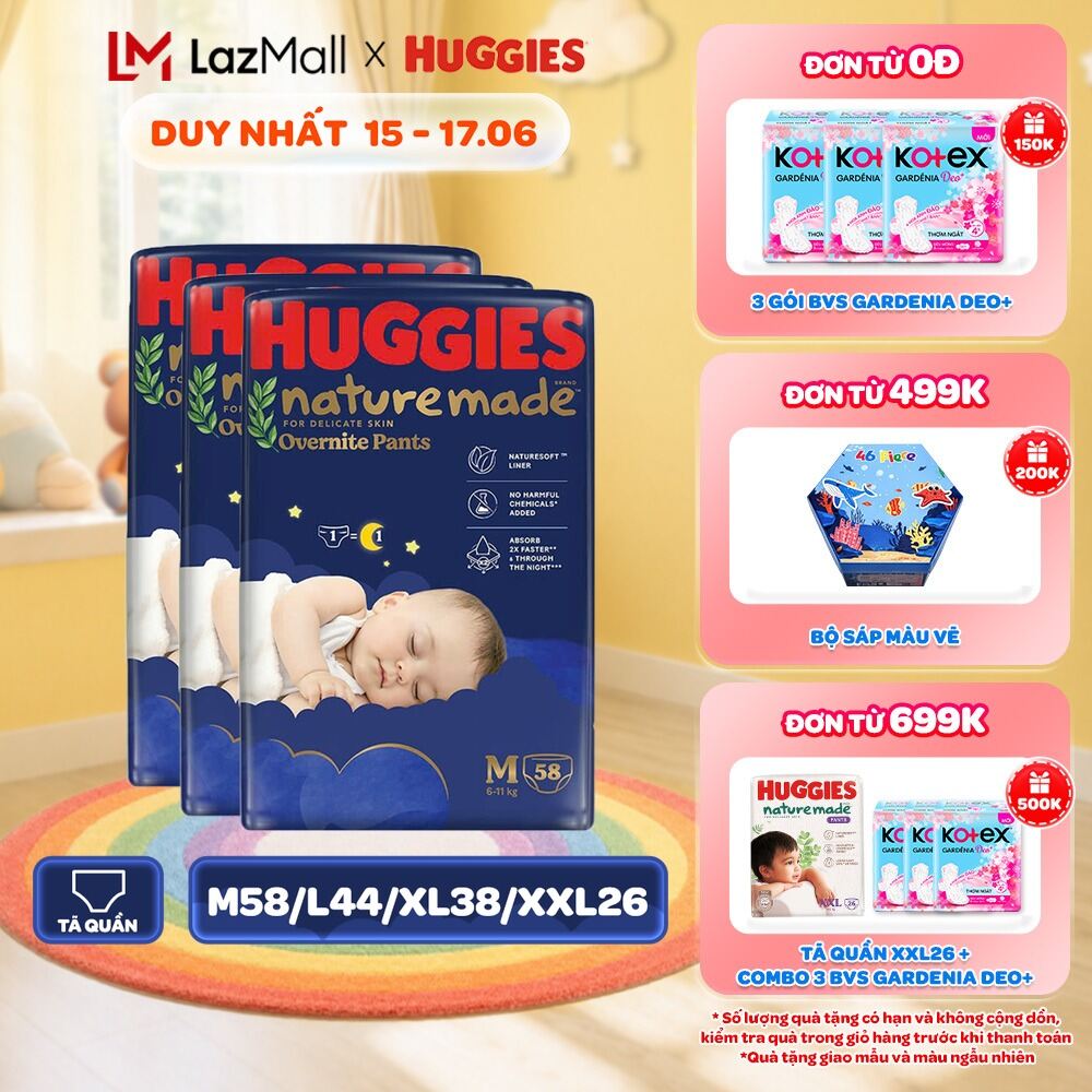 Combo 3 Tã quần Huggies Naturemade ban đêm M58/L44/XL38/XXL26
