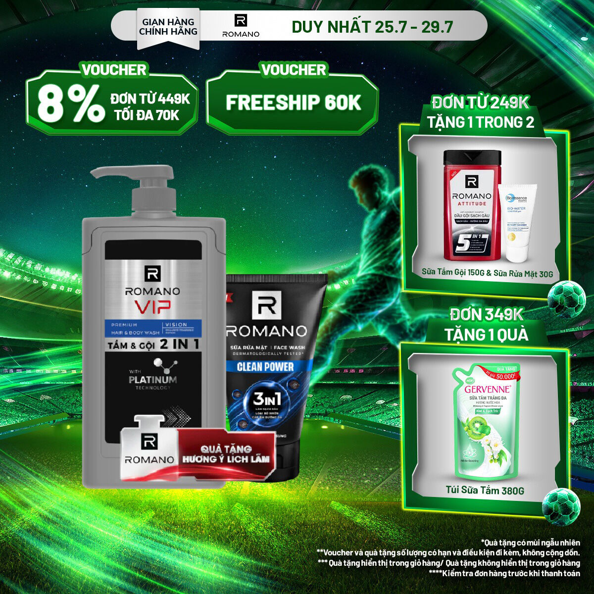 [Tặng kèm sữa rửa mặt 100 ml] Tắm gội 2 trong 1 Romano 2in1 Vip Vision 650g/chai