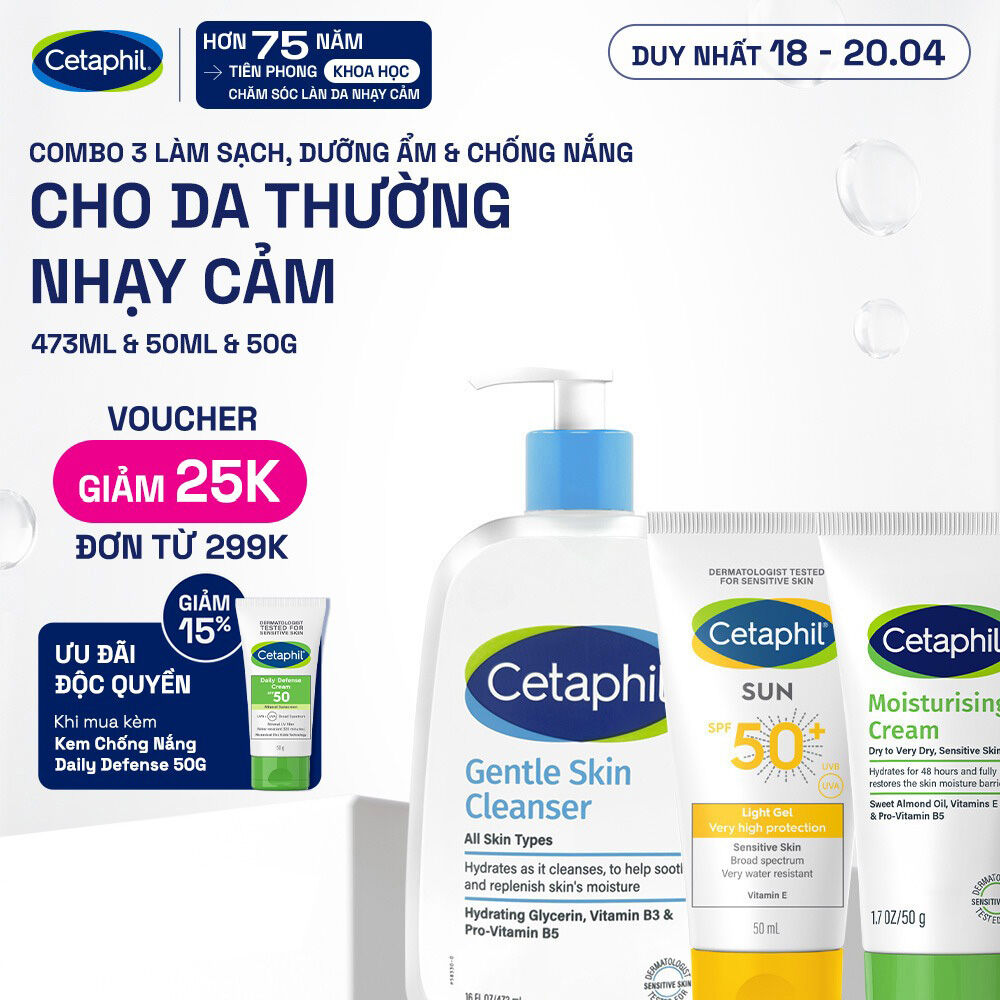 Combo 3 Bước Cetaphil Chăm Da Dịu Lành: Sữa rửa mặt 500ML + Kem dưỡng ẩm 50G + Gel chống nắng SPF50+