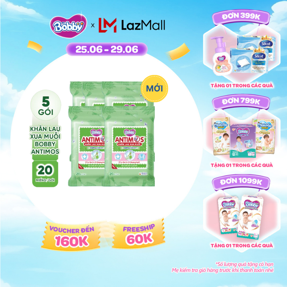 [SALE CUỐI THÁNG tặng QUÀ TO-SLCH][MỚI] Bộ 5 gói khăn lau xua muỗi Bobby Antimos 20 miếng
