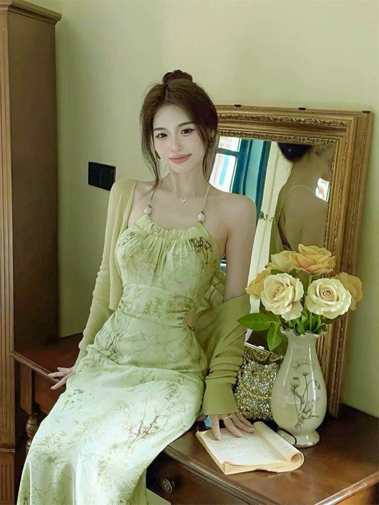 Đầm body hoa dây cổ yếm có mút kèm khoác tay dài siêu xinh cho bạn gái, chất Lụa Ý mix tăm giấy 2 màu xanh hồng - Váy đầm thời trang nữ đi chơi dự tiệc