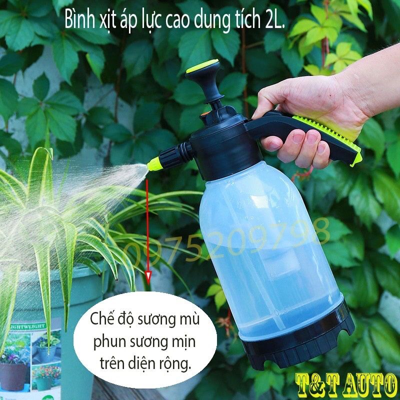 Bình phun nước, phun sương trong suốt cầm tay áp xuất cao dung tích 2 lít.