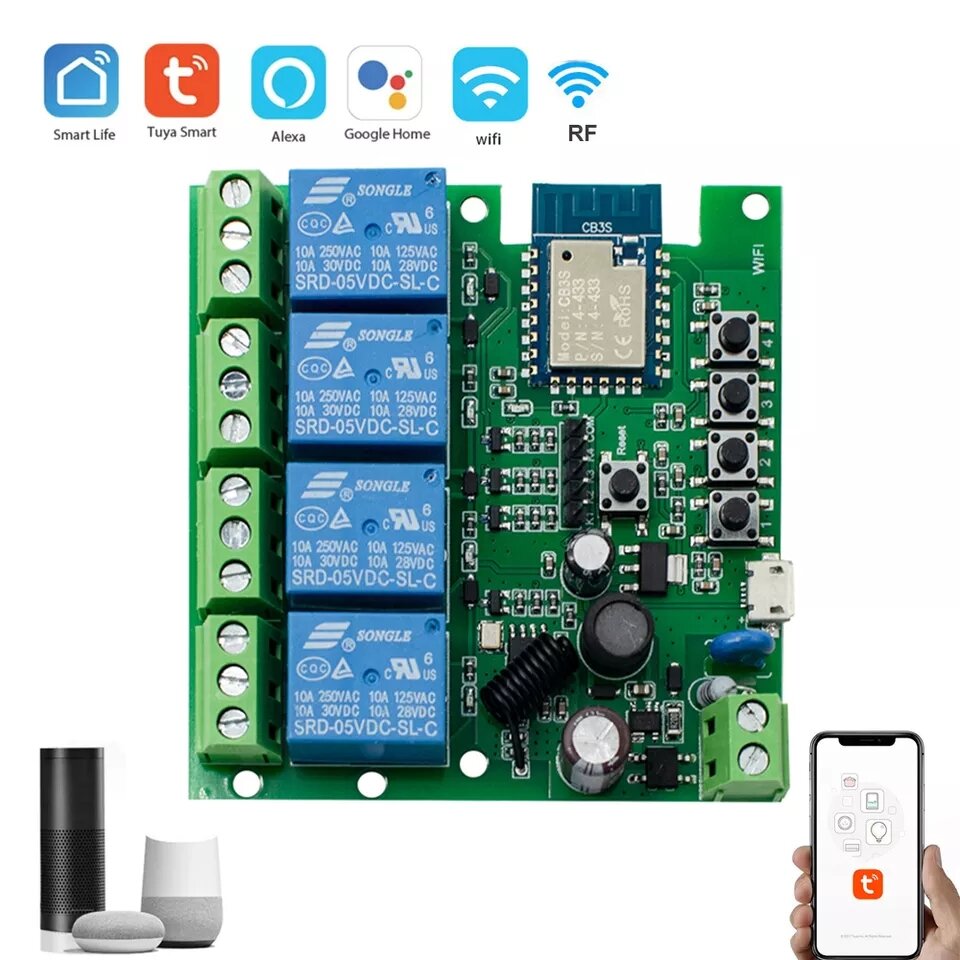 Công Tắc Thông Minh Wifi RF Tuya 4 Kênh 2200W Điều Khiển Thiết Bị Từ Xa Qua Điện Thoại, Hẹn Giờ Tự Động
