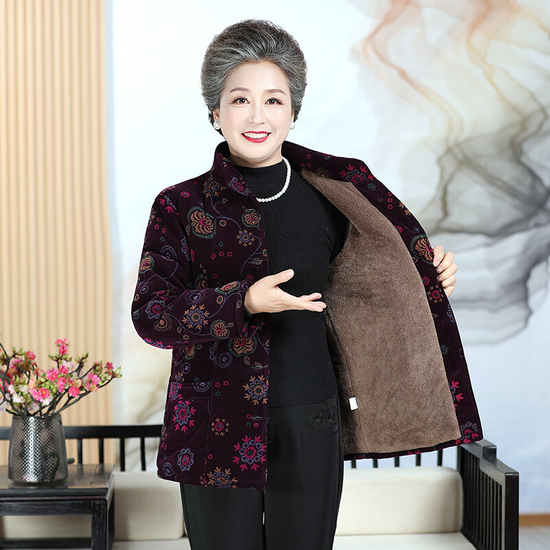 Áo Bông Cho Người Già Trang Phục Mùa Đông Áo Bông Giữ Ấm Dày Dặn Lót Lông Áo Khoác Mẫu Ngắn Cho Người Mẹ Bà Già 60 Tuổi 70 Mùa Đông