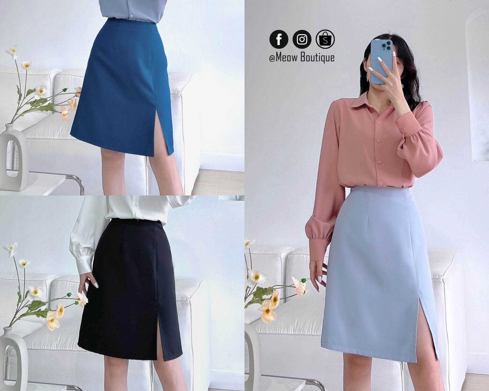 Chân Váy công sở chữ A midi ngang gối xẻ lệch phía trước Meow Boutique