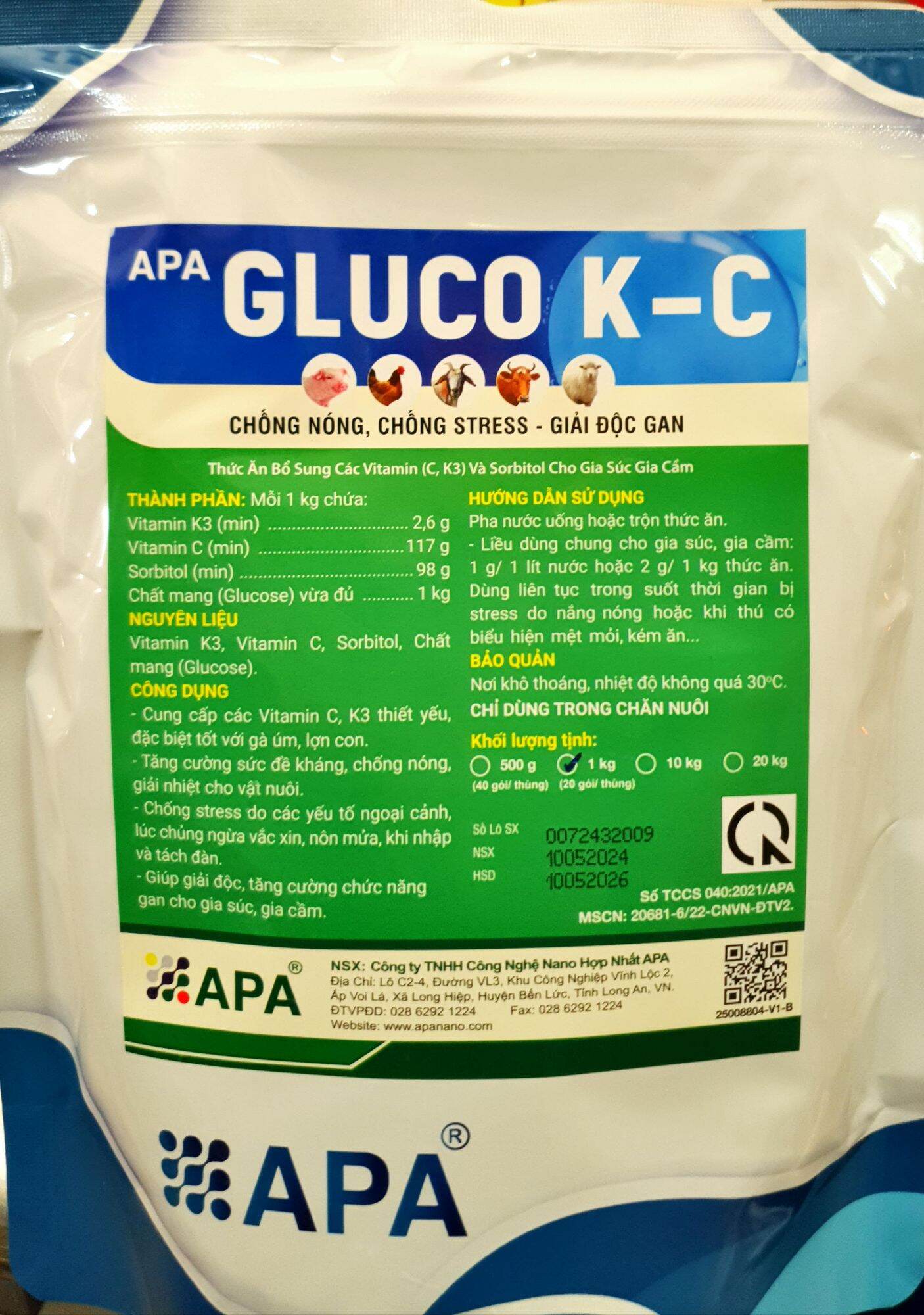 GLUCO KC Thái Lan (1kg) - Chống nóng, chống stress, giải độc gan, tăng sức đề kháng cho gà đá, heo, bò, dê, cừu