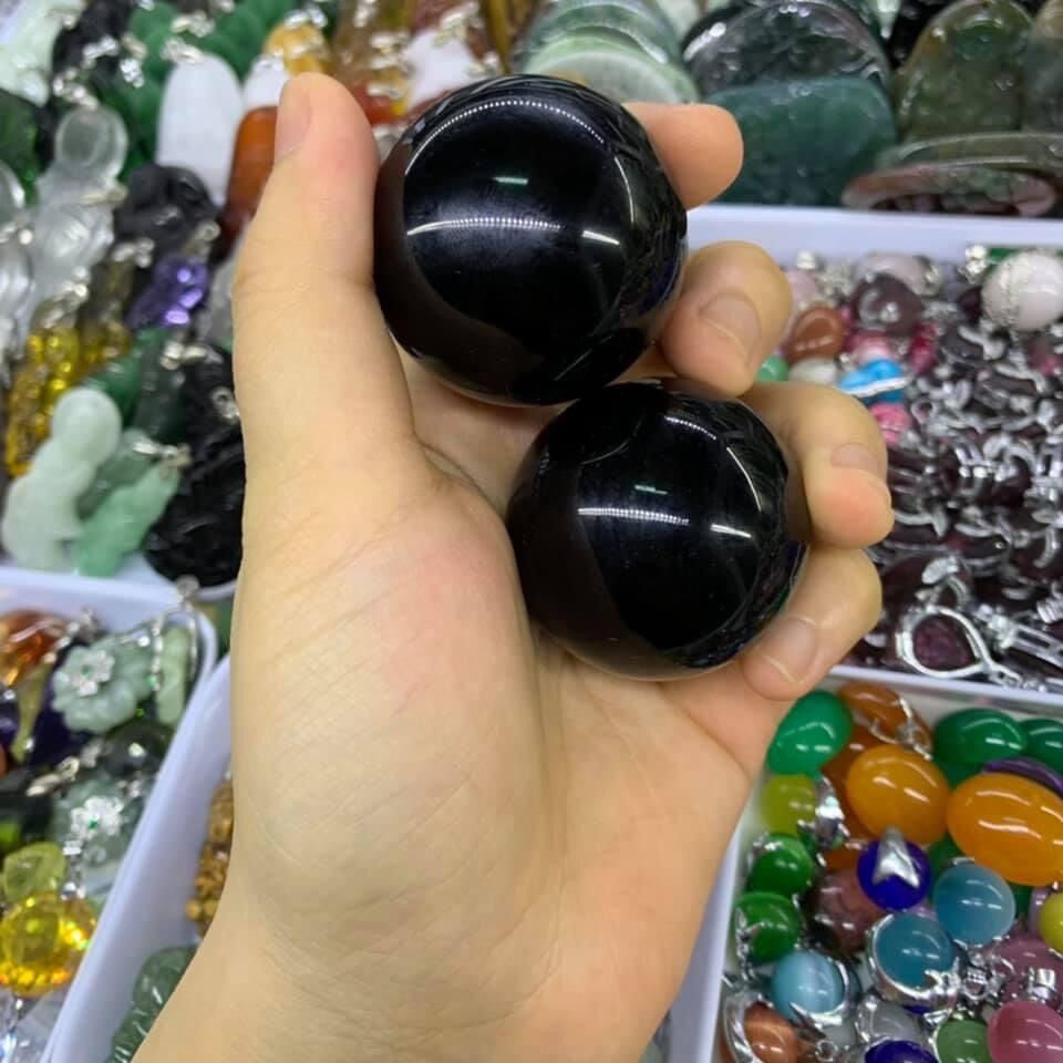 Cặp Bi Lăn Tay Đá Thạch Anh Đen - đường kính 4cm