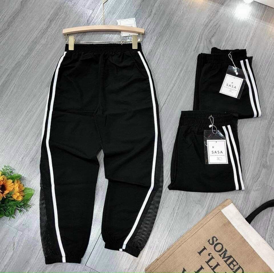 Quần baggy nữ vải đũi phối lưới