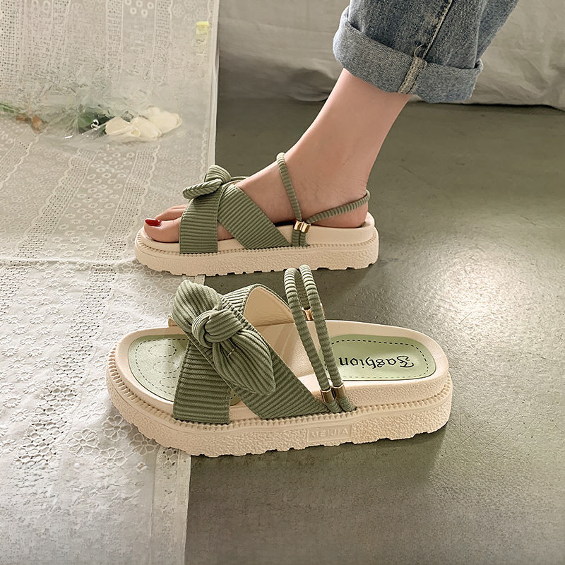 Giày Sandal Sọc Đế Bằng Với Đế Bằng Thời Trang Nữ Nơ Trang Trí Đế Cao Su Thoáng Mát Giày Mùa Hè 2022 Hàng Mới Về