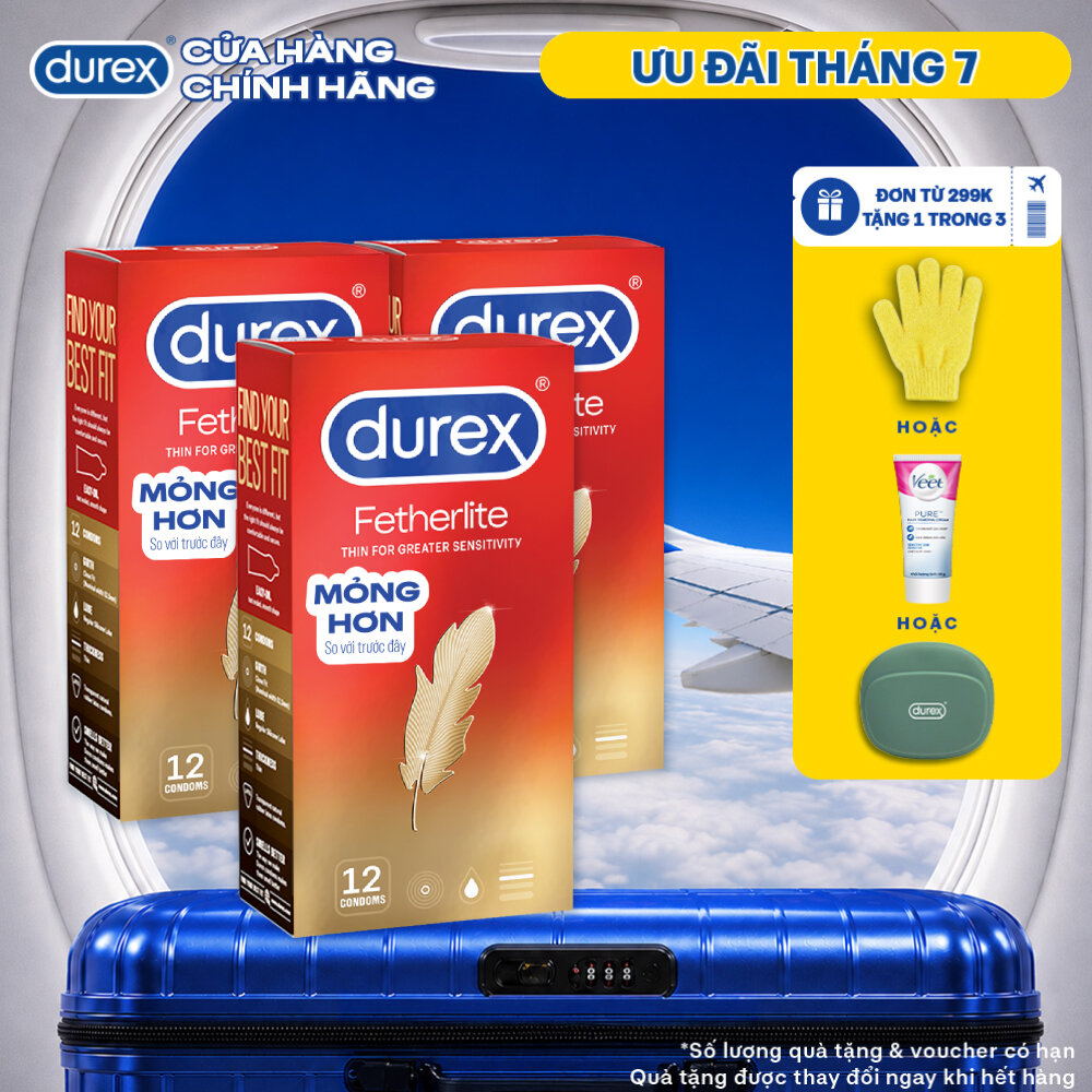 Bộ 3 hộp bao cao su Durex Fetherlite siêu mỏng, size 52.5mm, 12 bao/hộp