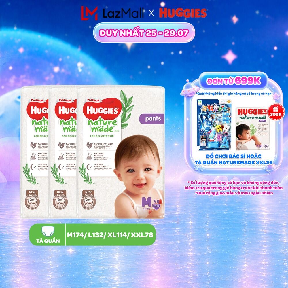 Combo 3 Tã/Bỉm quần Huggies NatureMade Platinum M58/L44/XL38/XXL26/XXXL28