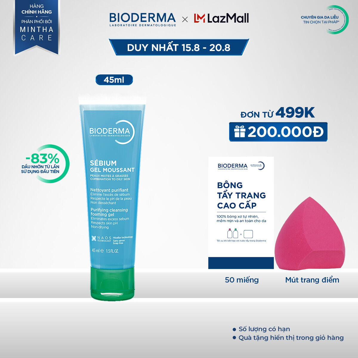 Gel rửa mặt tạo bọt cho da hỗn hợp và da dầu Bioderma Sebium Gel Moussant - 45ml