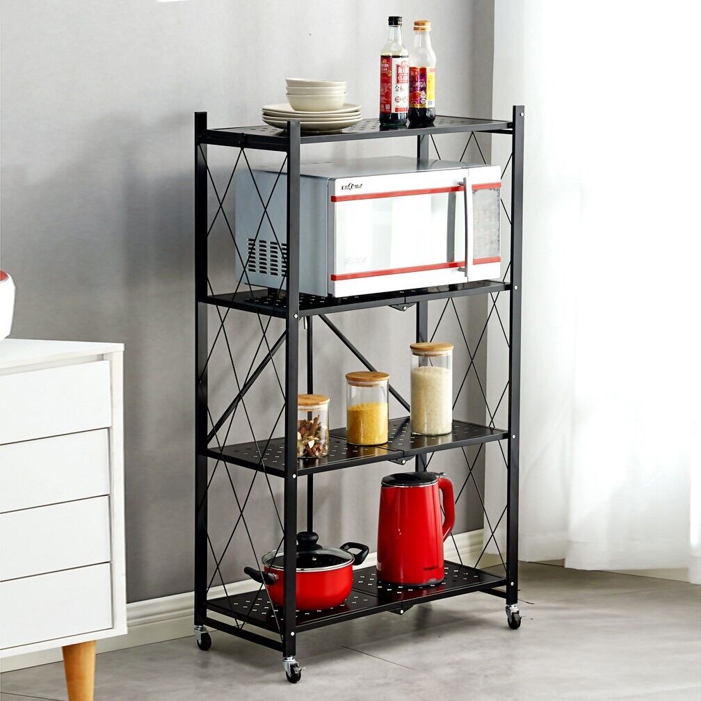 Kệ sắt gấp gọn 4 tầng có bánh xe
