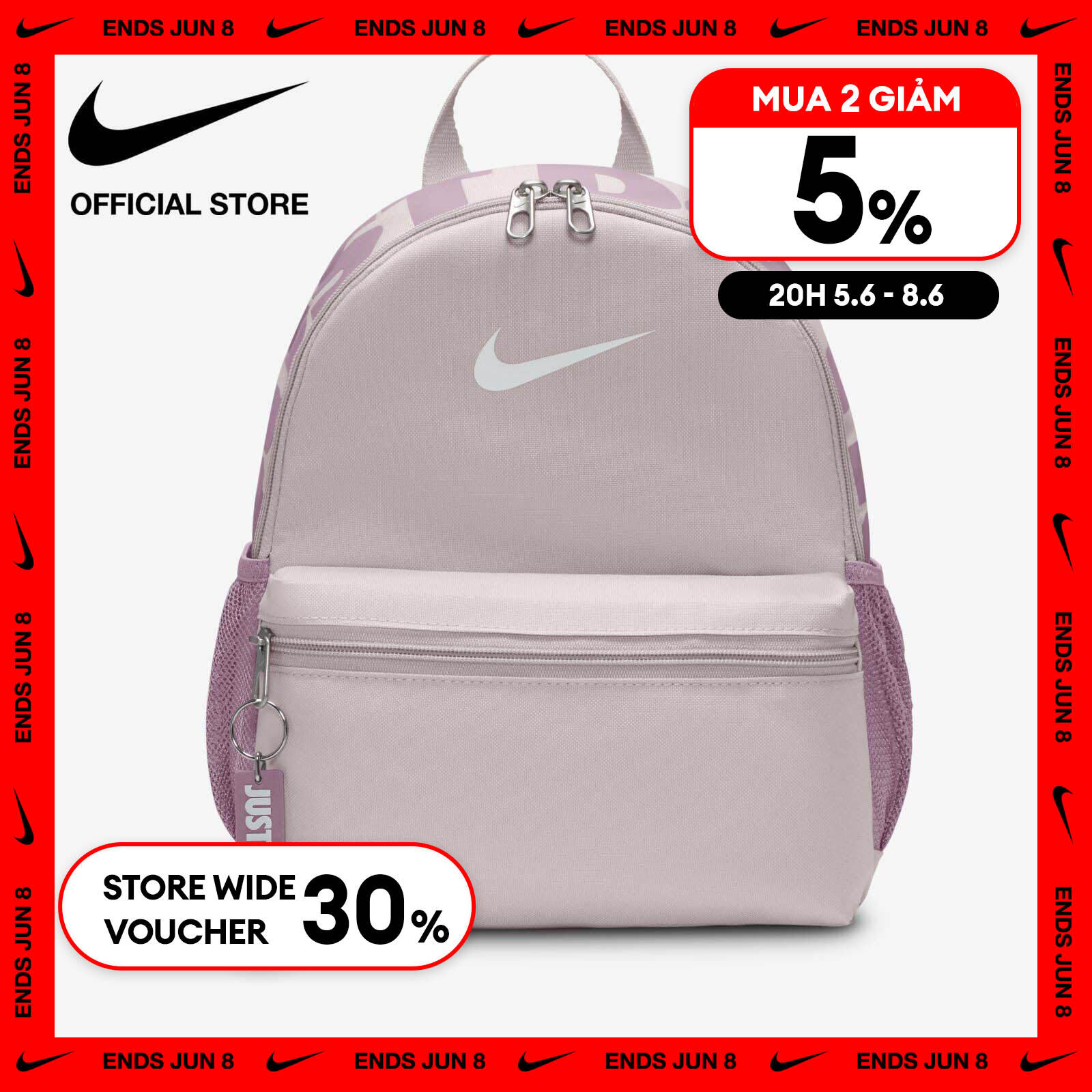   6.6-8.6| VOUCHER 30% & MUA 2 GIẢM 5%  Ba Lô Thể Thao Mini Nike Kids' Brasilia Just Do It Mini Backpack  11L  - Platinum Violet 