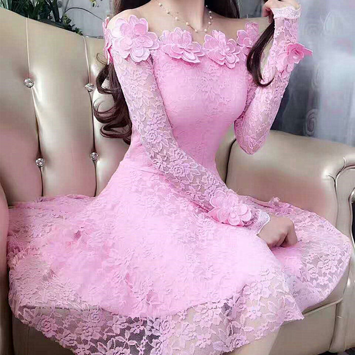Đầu Thu Mẫu Mới Lập Thể Bông Hoa Áo Ngang Vai Ren Váy Công Chúa Nữ Ôm Body Tôn Dáng Đầm Đầm Dự Tiệc Dài Tay Thủy Triều