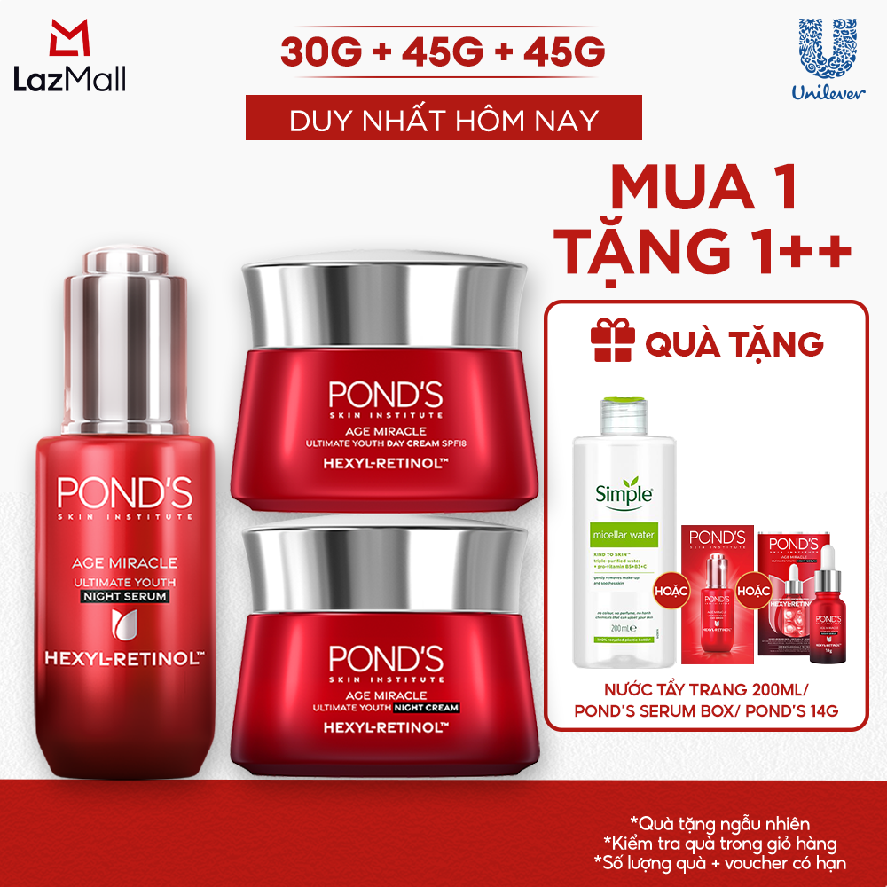 Combo Serum đêm và 2 Kem dưỡng ngày  đêm Pond's Age Miracle mờ đốm nâu, nếp nhăn với 50X Hexyl-Retinol 30G+45G+45G