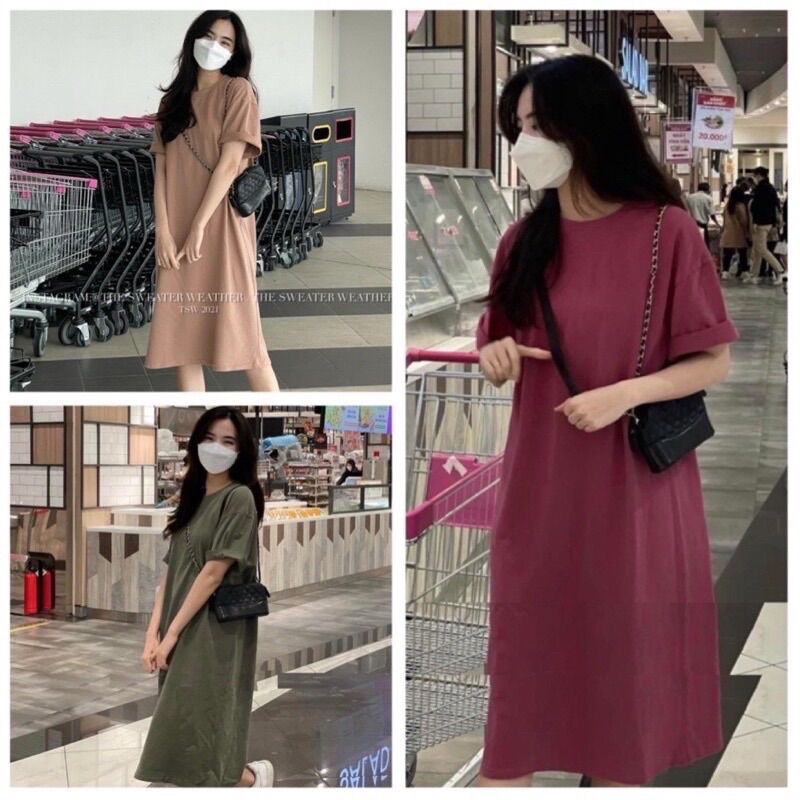 Đầm vintage 3 màu nâu rêu và đỏ dáng suông🌸 váy xuông tay lỡ in hình, thêu chất thun form rộng đẹp cá tính ulzzang 🌸