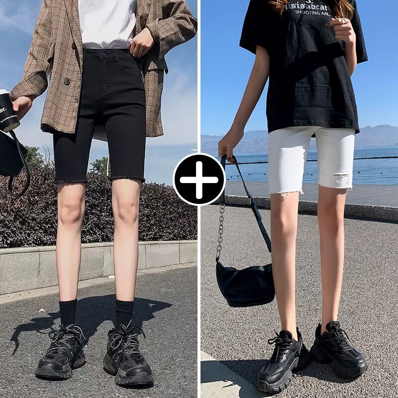 Mùa Hè Cao Cấp Vòng Eo Ôm Vừa Vặn Đi Xe Năm Điểm Quần Short, Quần Đùi Nữ Denim Quần Màu Đen Quần Jean Ống Đứng Bó Sát Co Giãn Cotton, Vải Bông Quả Bom Denim