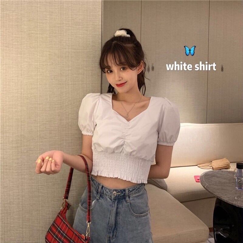 Áo croptop vai bồng chun eo nhún ngực