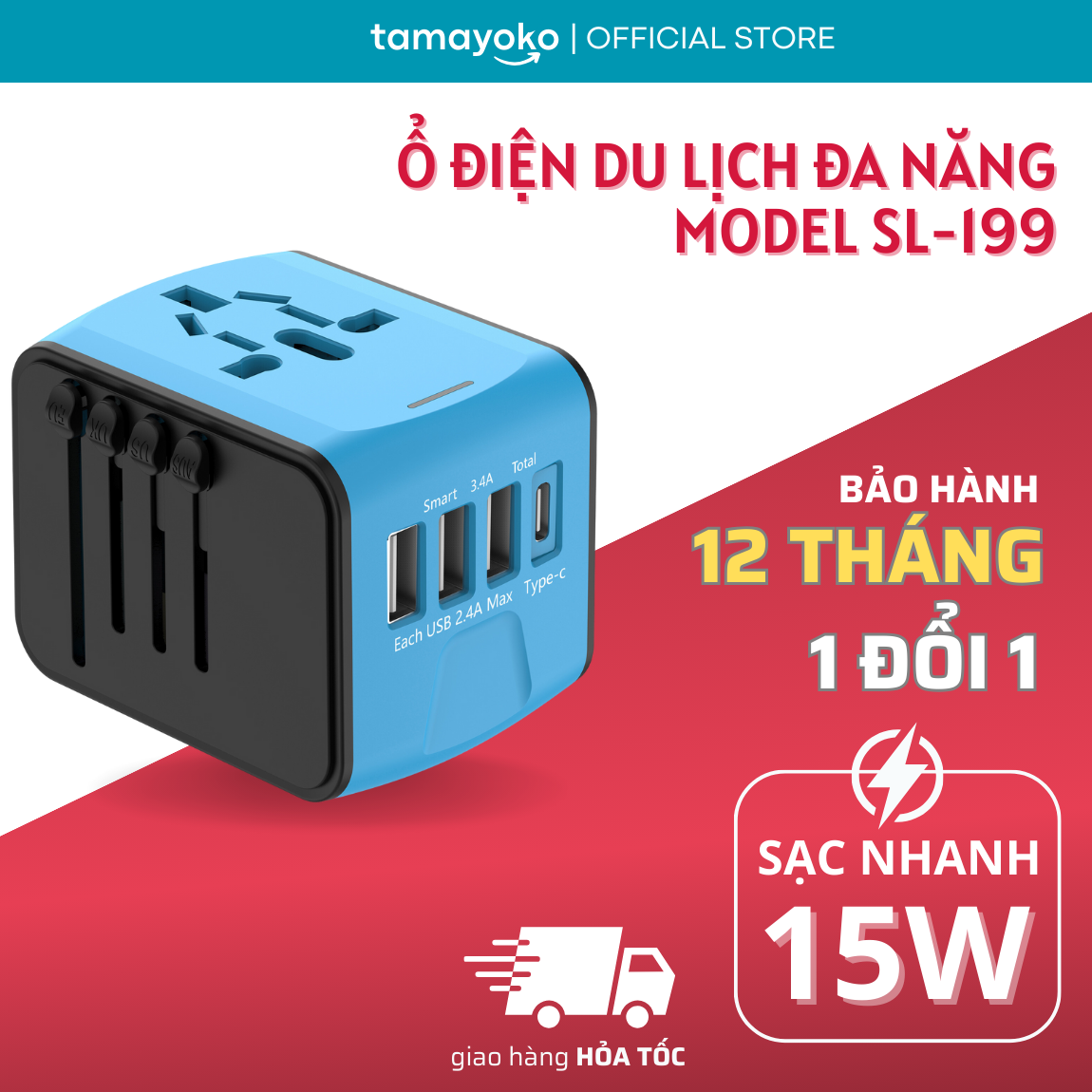 Ổ cắm điện Tamayoko sạc nhanh 15W Type C + USB cắm tải 1500W cho điện thoại/máy tính/ thiết bị gia dụng cỡ nhỏ