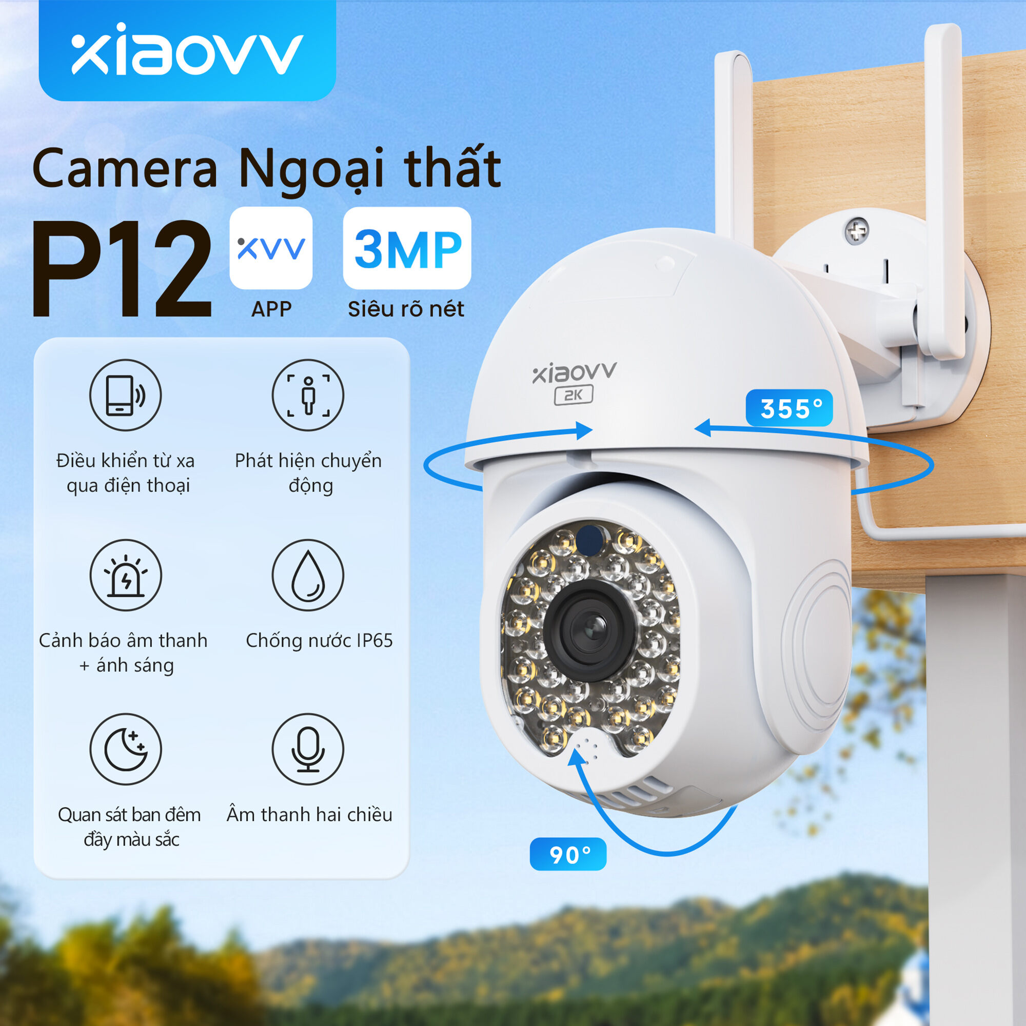 XIAOVV P12 Outdoor Cctv Camera 360° WIFI Wireless Connect Phone Remote Control 1296P FHD IP65 Waterproof Full Color Night Vision Home Ip Camera