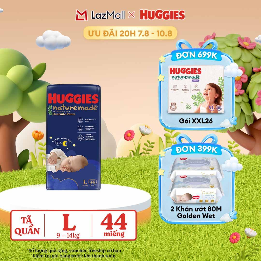 [20h 7-10.8 QUÀ TẶNG ĐƠN 399K] Tã quần Huggies Naturemade ban đêm L44