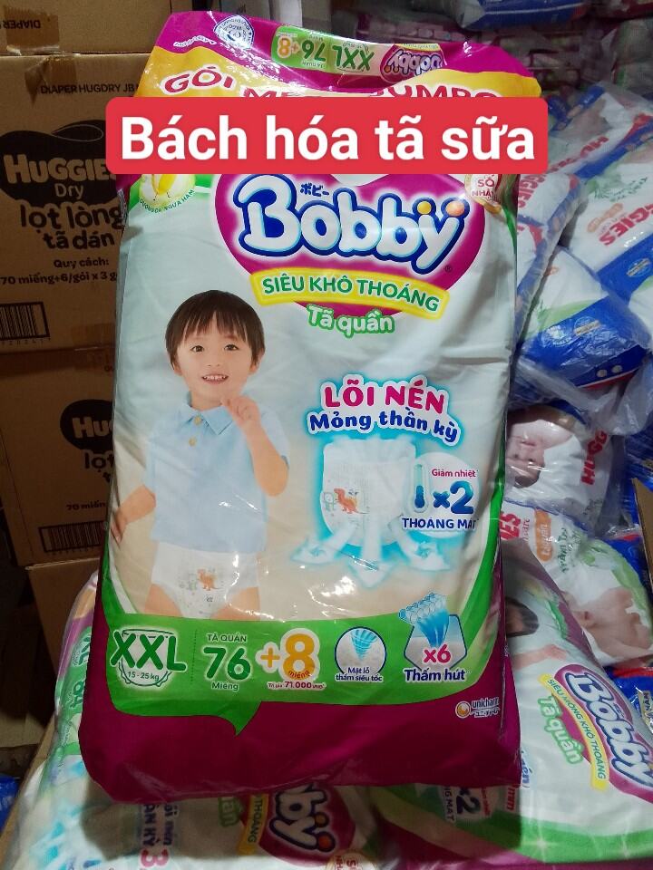 (Tặng 8 miếng) Tã quần bobby Mega Jumbo XXL76 Gạo non