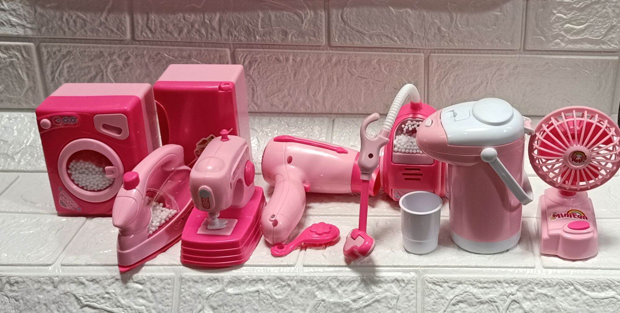 Bộ đồ chơi nhà bếp cỡ lớn cho bé gái tặng PIN AA gồm máy giặt,hút bụi,tủ lạnh, quạt, máy may,bàn ủi,...màu hồng cute