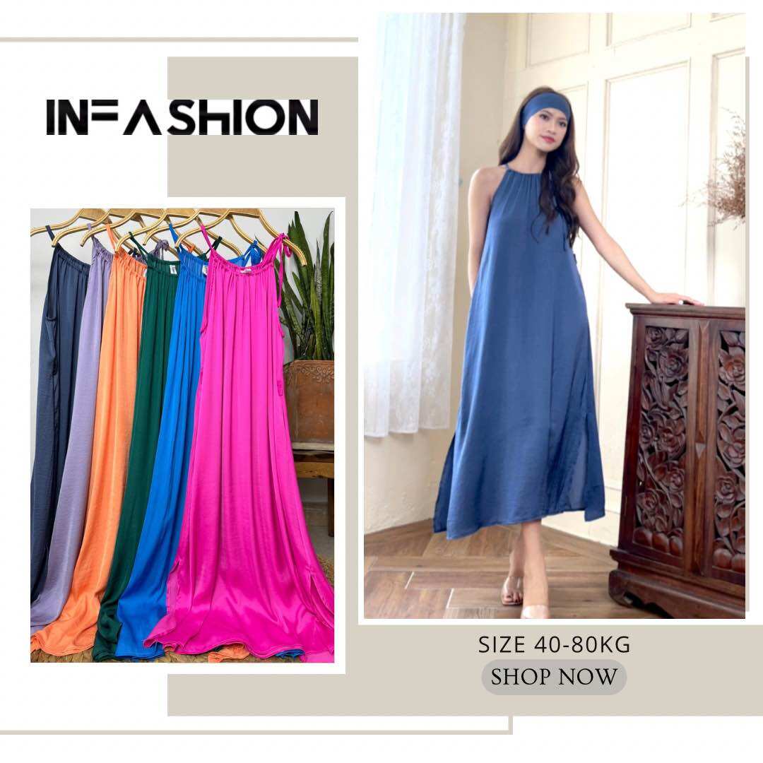 Đầm lụa suông cổ yếm kèm dây buộc eo nữ tính Infashion