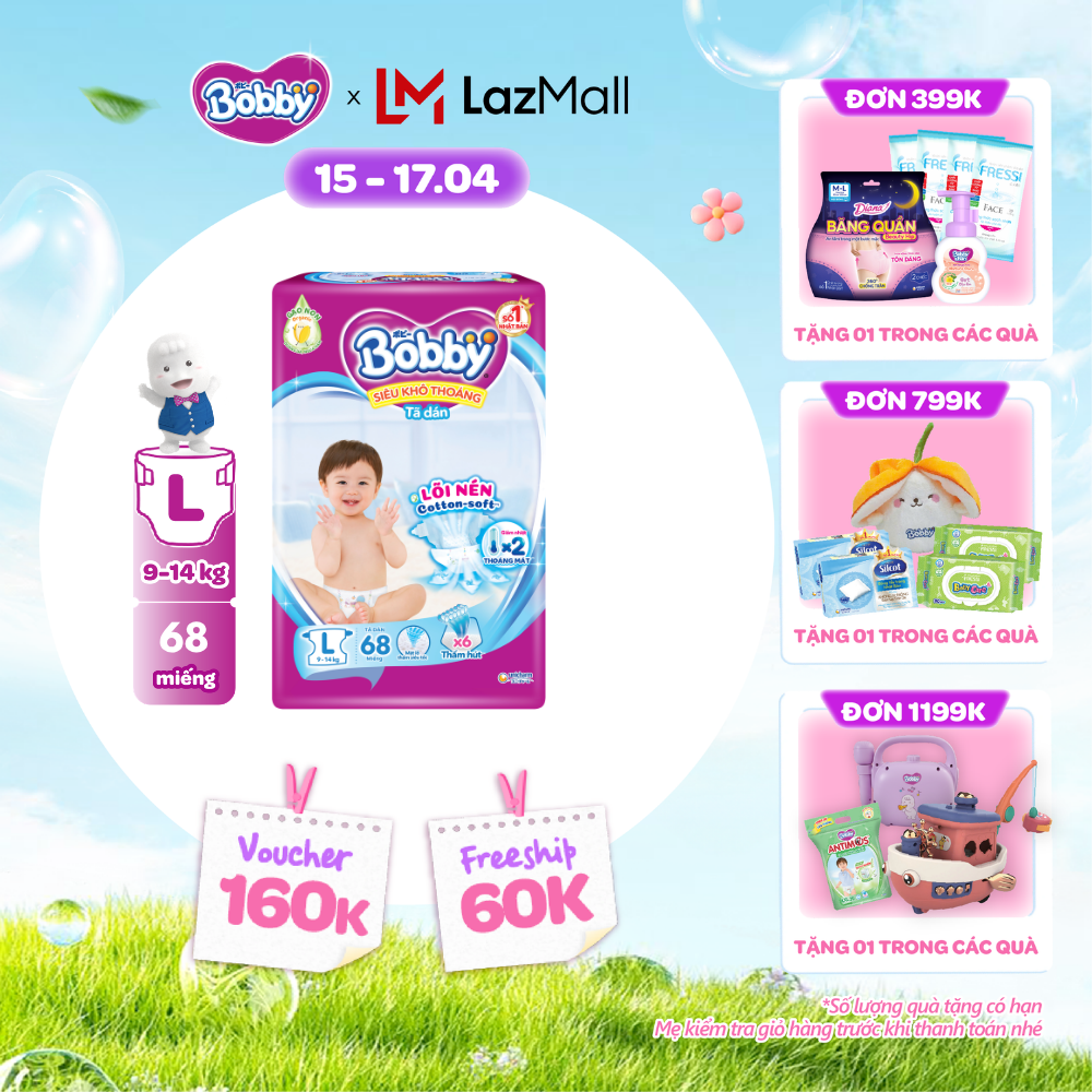 [CHỈ 18-24.04 QT Đơn 899K/1199K]Tã/Bỉm dán Bobby 3mm Ultra Jumbo Gạo non Giảm nhiệt L68
