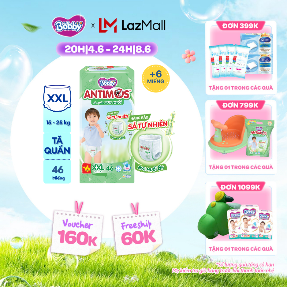 [QUÀ TẶNG HẤP DẪN TỪ 9-10.6][TẶNG KÈM 6 MIẾNG] Tã Quần Xua Muỗi Bobby Antimos – Hàng rào Sả tự nhiên Bye Muỗi 8H - Size XXL 46 miếng