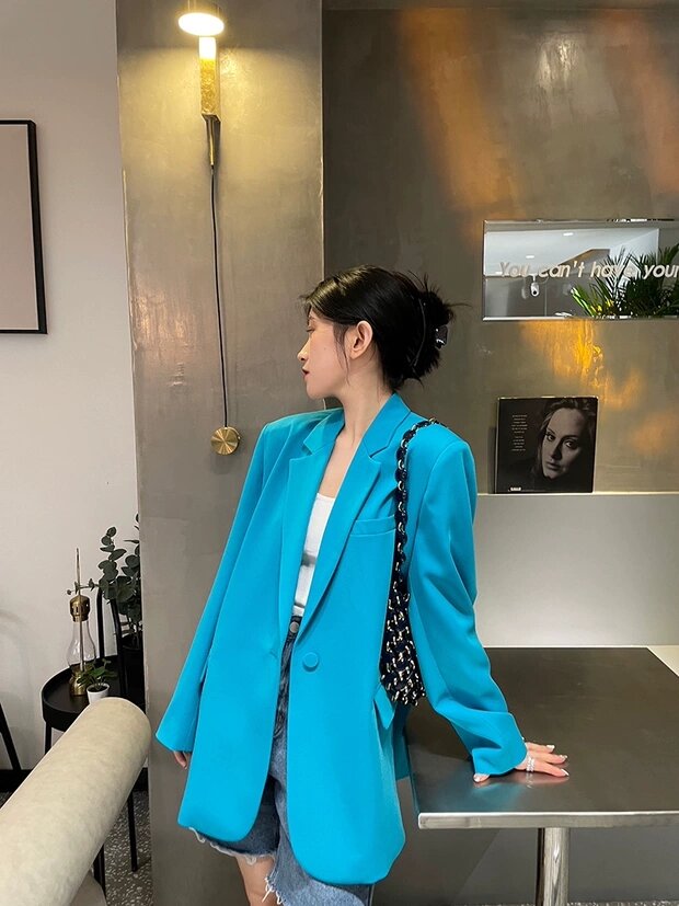 Áo khoác vest blazer dáng suông nữ màu xanh QUYNH DESIGN