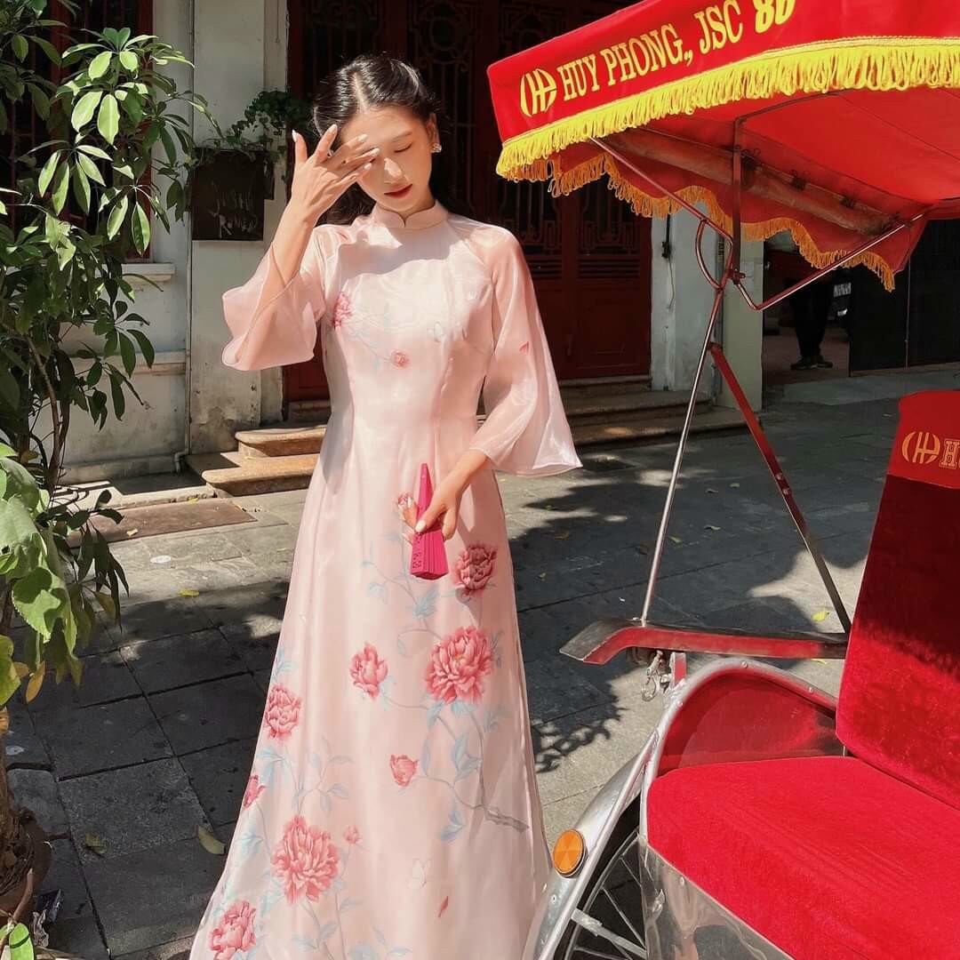 Áo dài cách tân nữ tay lỡ in hình hoa sen, cách điệu cổ áo cao cấp - A33