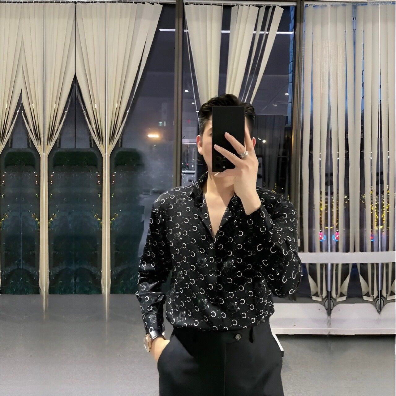 Sơ mi nam hoa tiet tay dai  lụa cao cấp