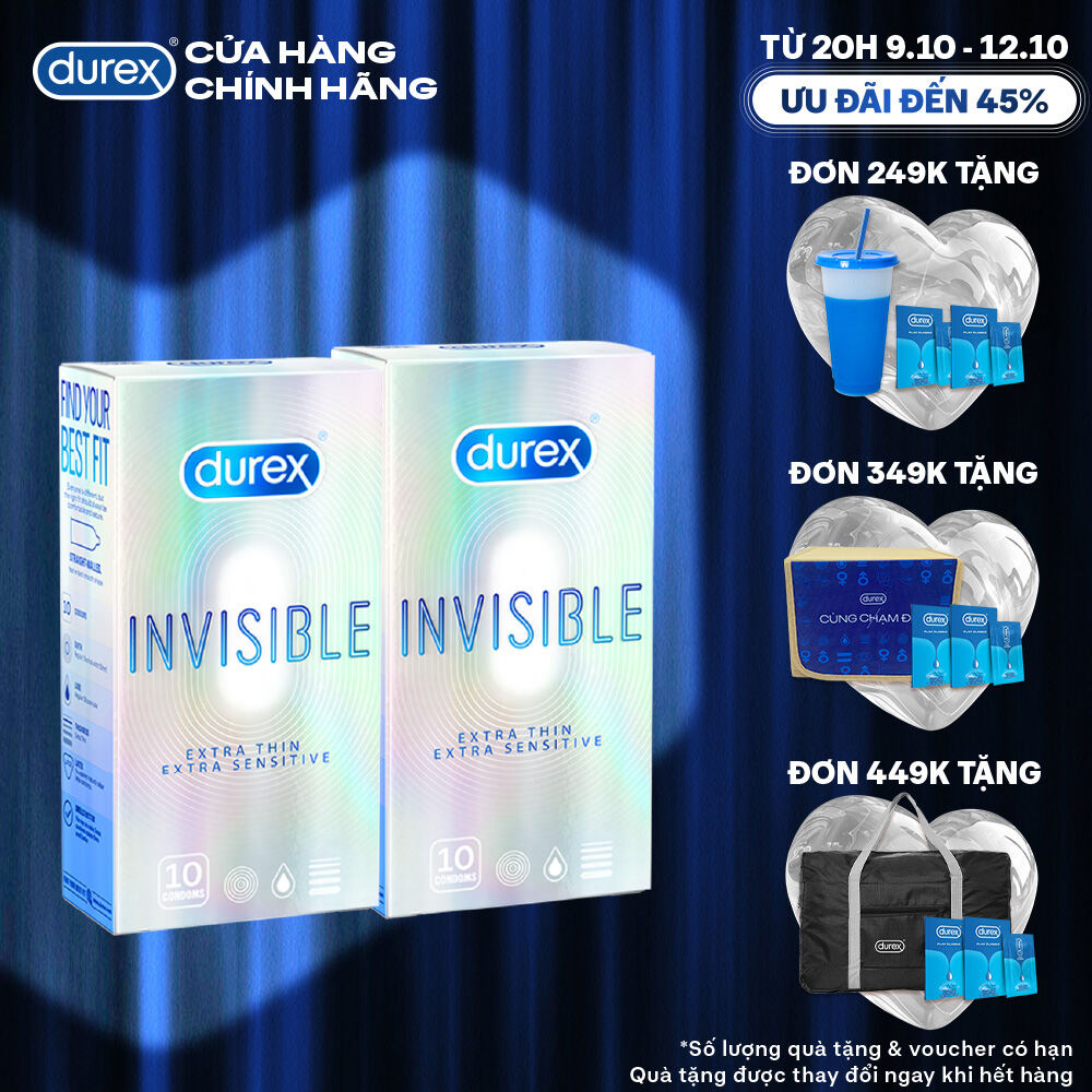 [TỪ 20H | 9-12.10 VOUCHER GIẢM THÊM 8%] Bộ 2 hộp bao cao su Durex Invisible siêu mỏng, size 52mm, 10 bao/hộp