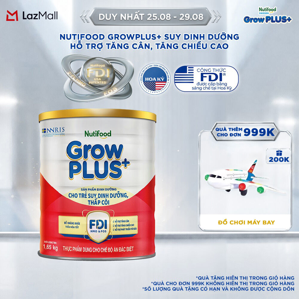 [BAO BÌ MỚI] Sữa bột Nutifood GrowPLUS+ Suy Dinh Dưỡng (Đỏ)  - Hỗ Trợ Tăng Cân, Tăng Chiều Cao (Lon 1,65 Kg)