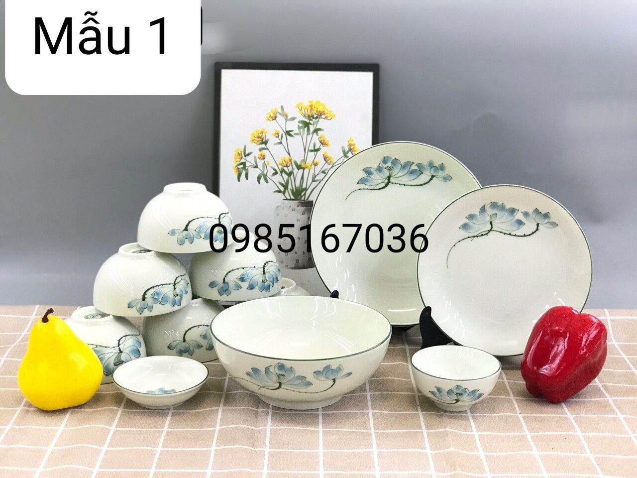 Bộ bát đĩa ăn cơm vẽ sen xanh.Hàng gốm sứ Bát Tràng.