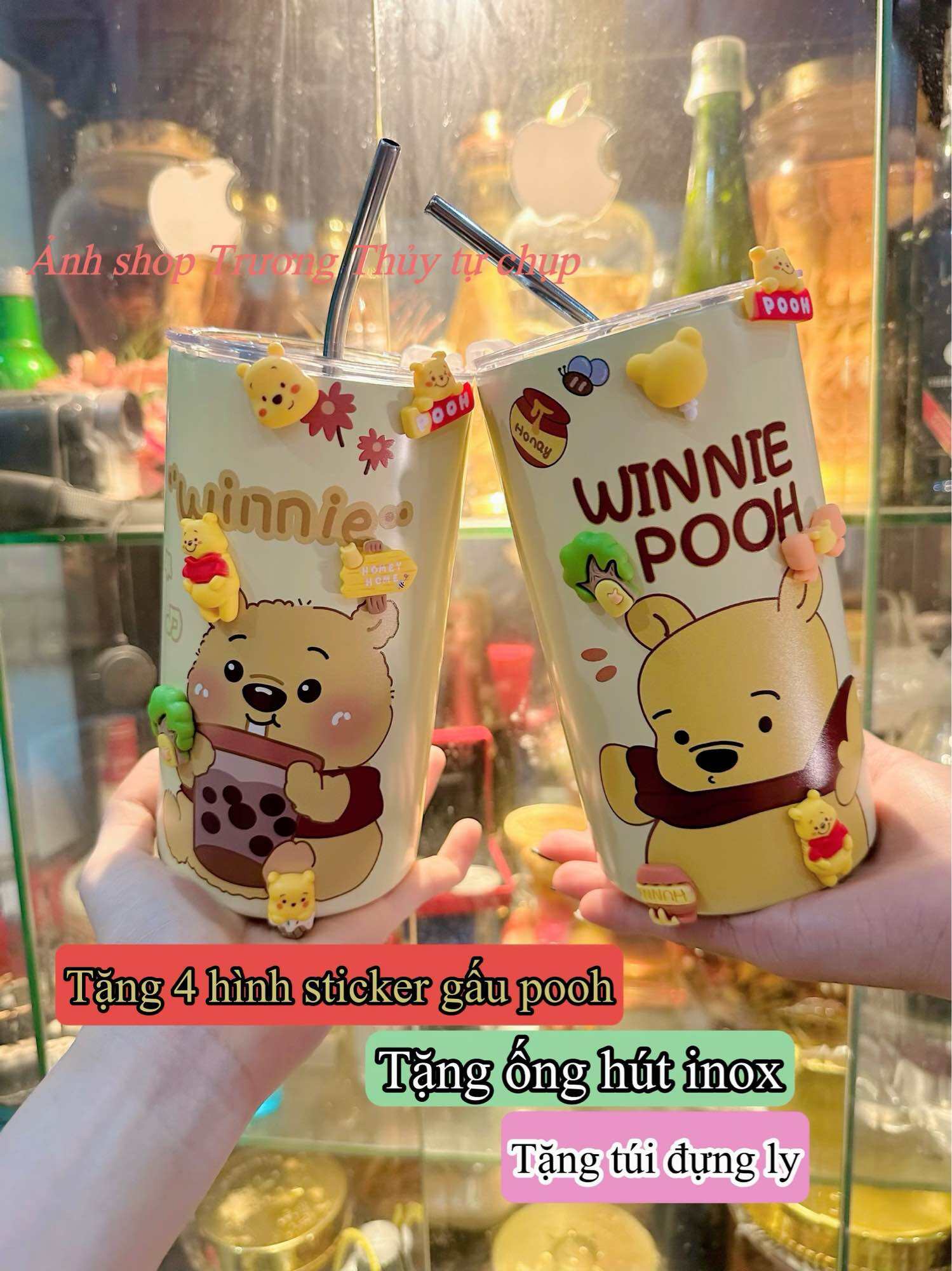 Ly Giữ Nhiệt Iced Americano Gấu Pooh Inox 304 Nắp Chống Tràn Tặng Sticker Gấu Pooh + túi đựng ly