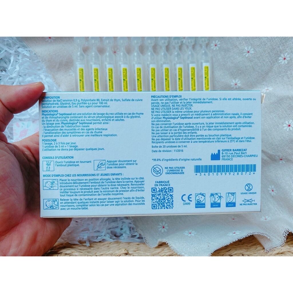 Nước muối sinh lý Hồng, Vàng, Xanh (hộp 20/40 tép) - Pháp