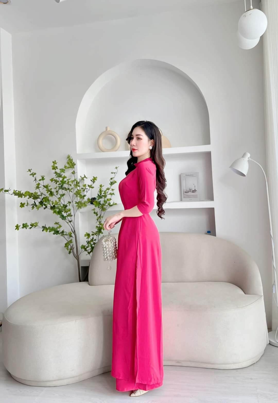 áo dài trơn may sẵn hồng sen